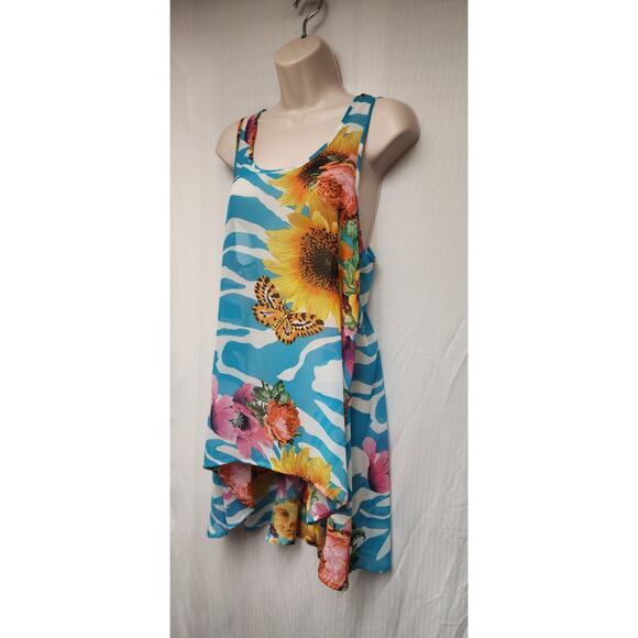 Kaktus Women's Round Neck Floral Print Sleeveless Sheer Lo-Hi Blouse Size XS - Picture 3 of 6